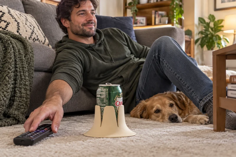 Adult relaxing on living-room floor beside a sofa with opened cola can in Steadi on broad flat short-pile carpet patch with complete base support near seated adult. AI illustration.