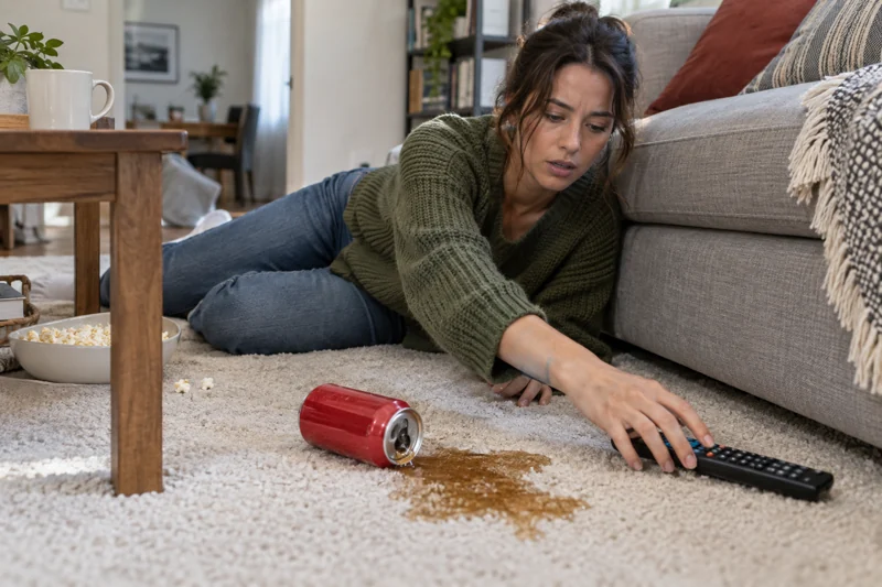 Reaching for remote tips cola from its floor resting spot; brown liquid soaks pale carpet fibers. AI illustration.